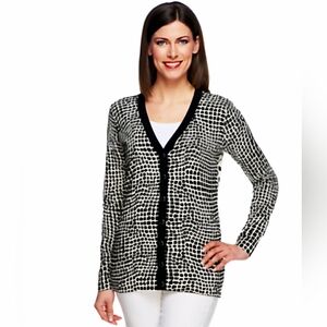 Isaac Mizrahi Black & White Mosaic Print Cardigan Sweater Medium New
